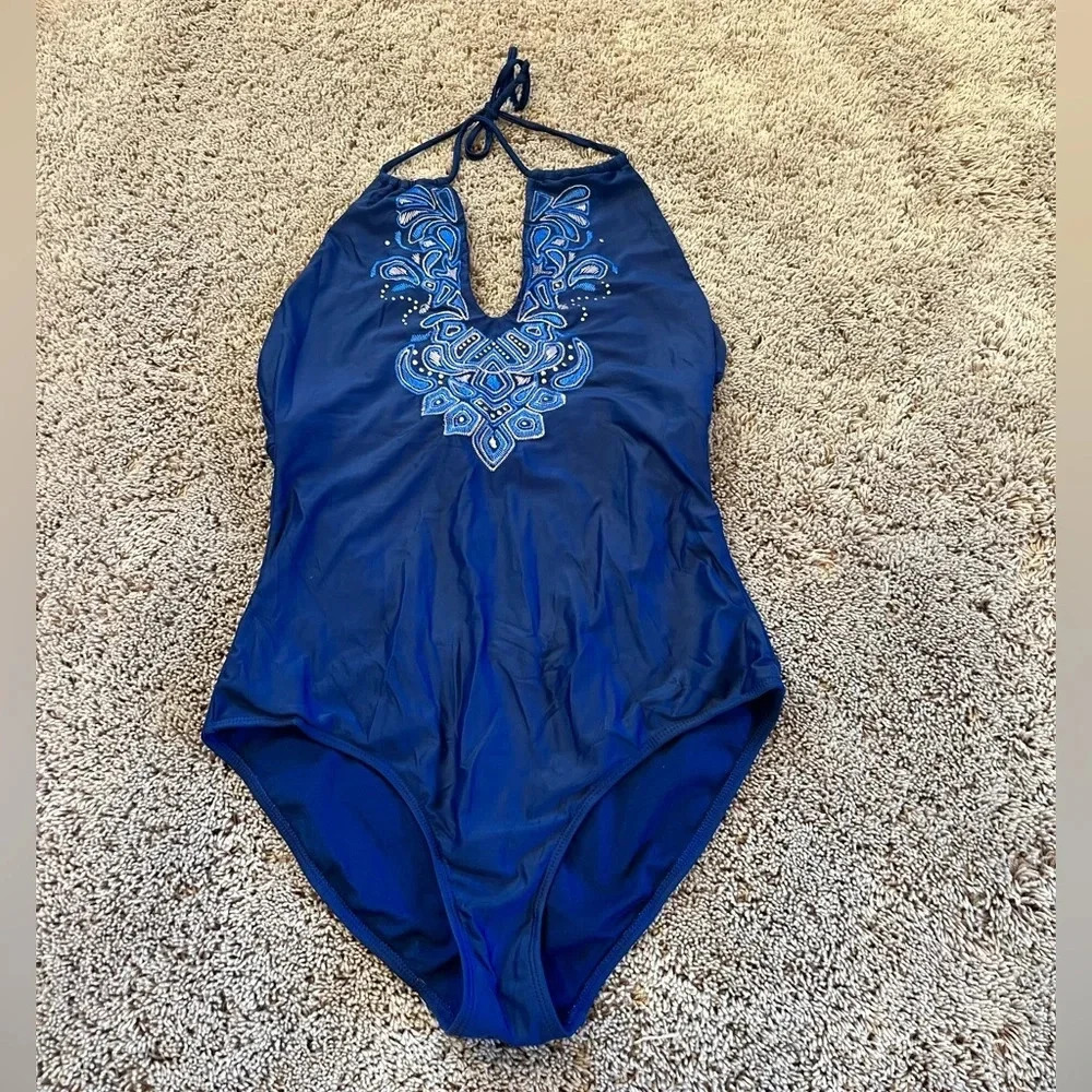 Knox rose blue embroidered high neck halter tie one piece swimsuit swim medium